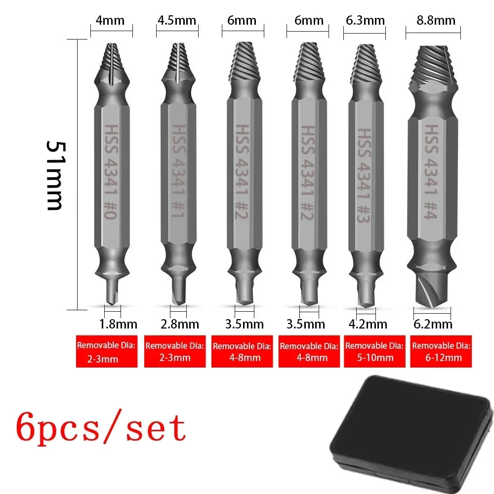 Double-Ended Screw Extractor Set – Stripped Bolt Remover Kit Screw Extractor Set SPOT 6Pcs silver with box