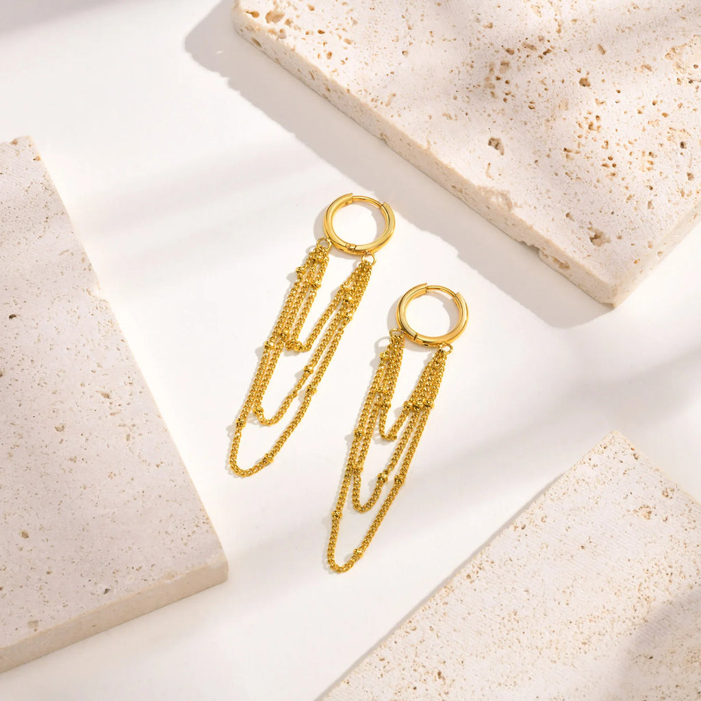 Multi Satellite Chain Drop Earrings – Gold Plated Stainless Steel Drop Earrings SPOT