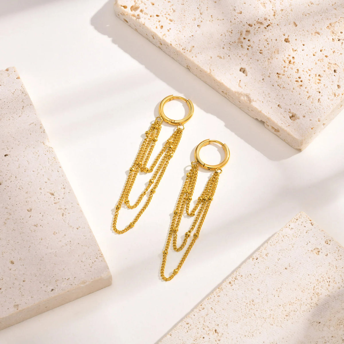 Multi Satellite Chain Drop Earrings – Gold Plated Stainless Steel Drop Earrings SPOT