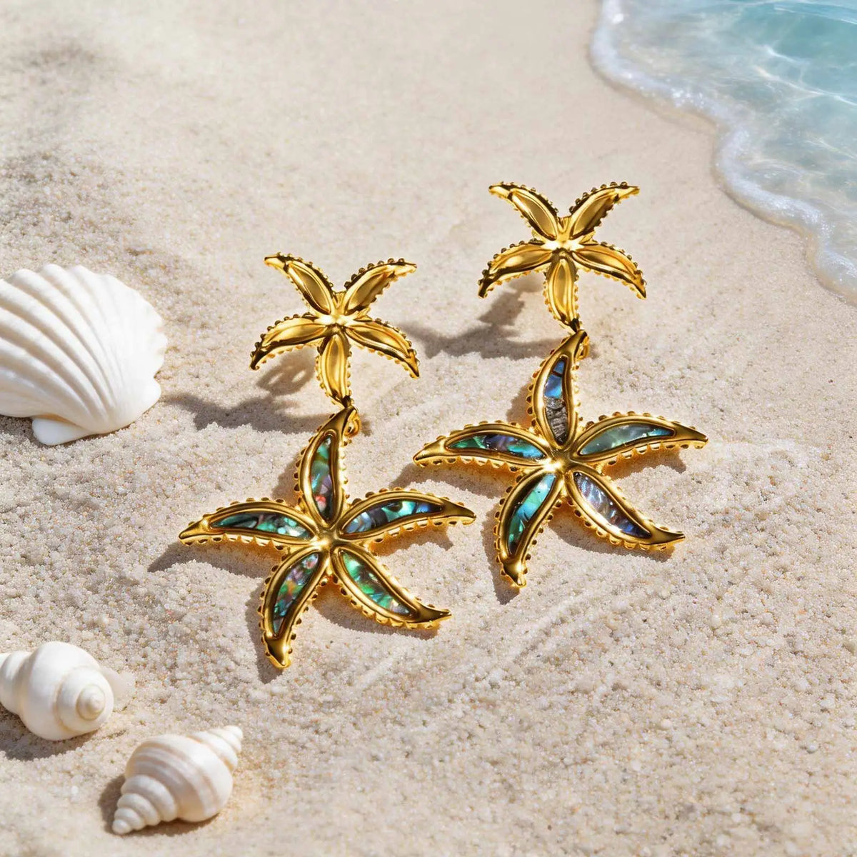 Double Starfish Abalone Shell Drop Earrings | Gold Dangle Drop Dangle Earrings SPOT