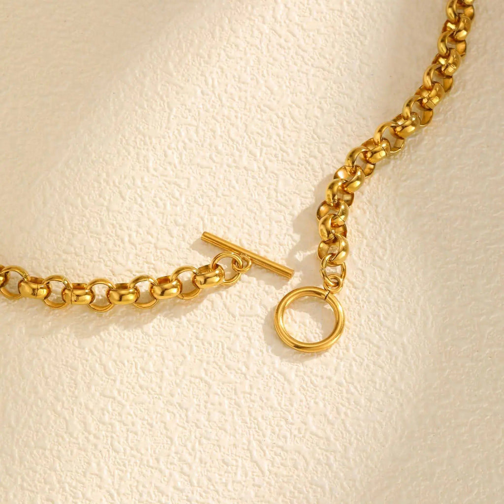 Chunky Stainless Steel Rolo Chain Choker Necklace – Gold, OT Toggle Chain Choker Necklace SPOT