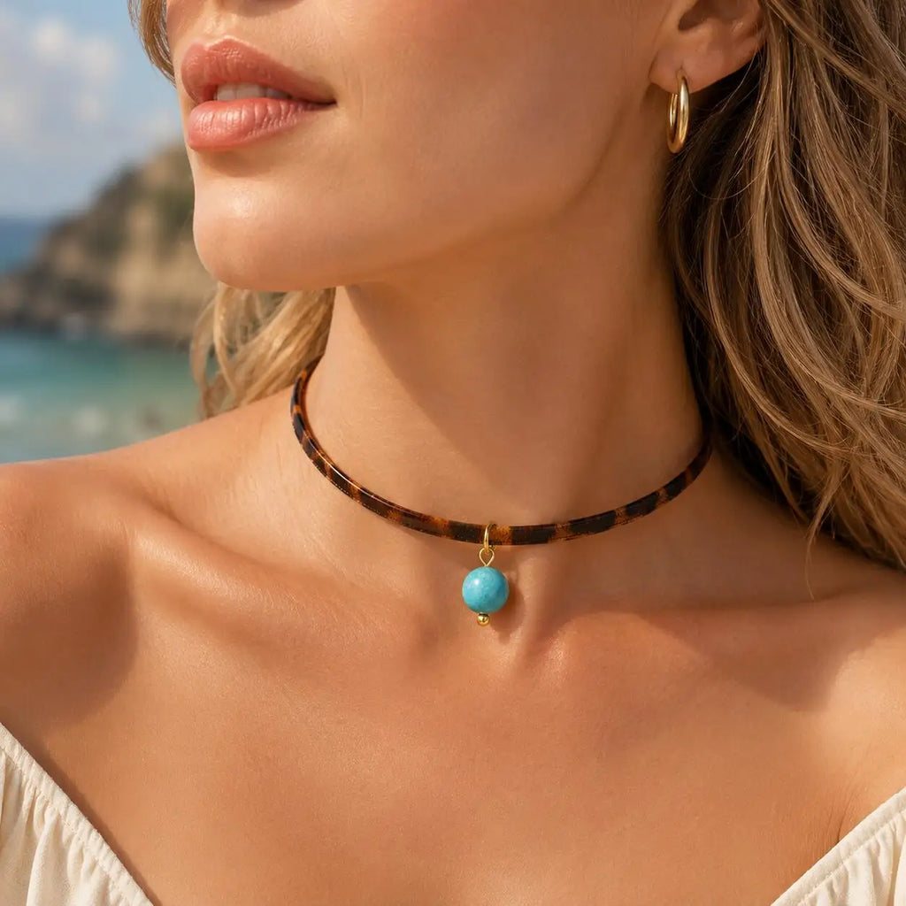 Leopard Leather Choker – 18K Gold Plated Turquoise Pendant Choker Necklace SPOT