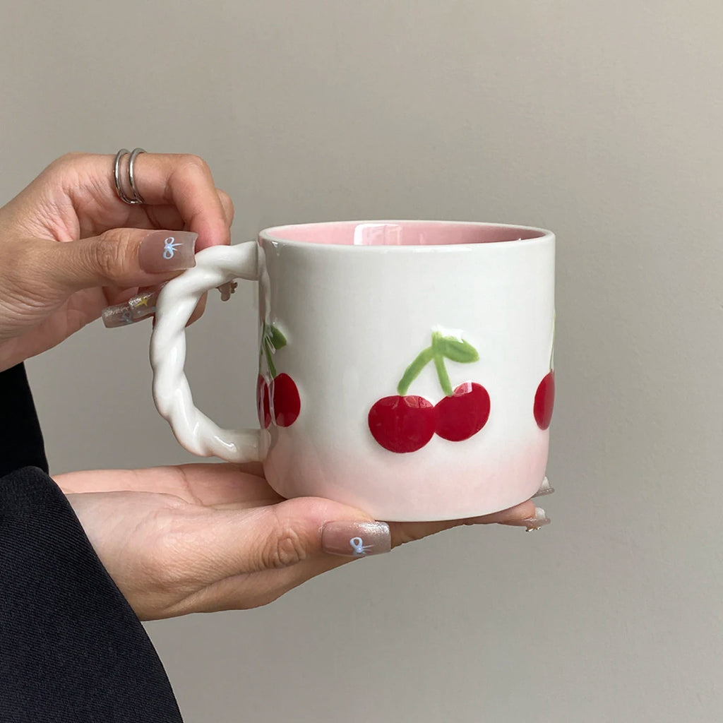 Pink Cherry Ceramic Mug 370ml – Twist Handle Gradient Cup Ceramic Coffee Mug SPOT