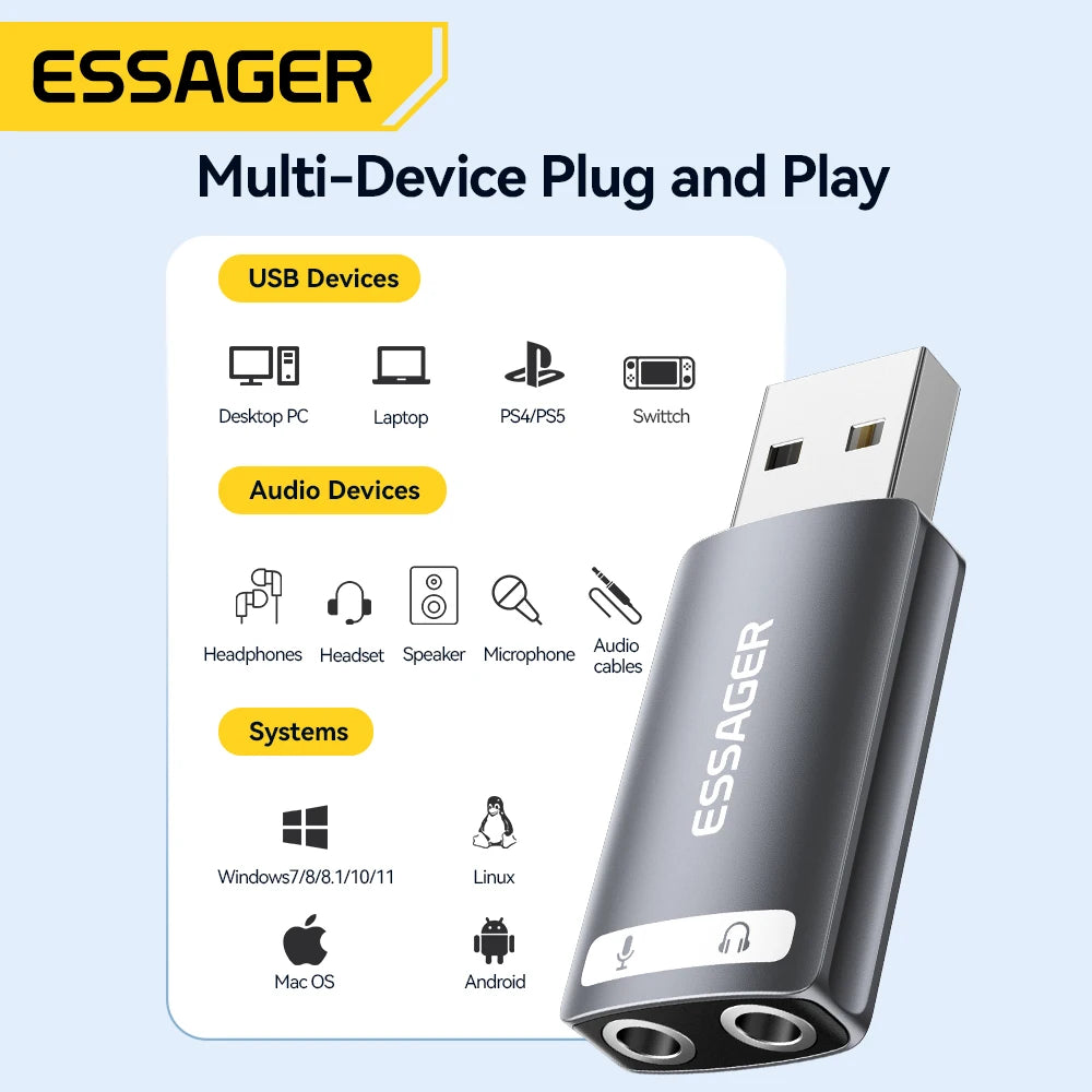Essager USB External Sound Card – 3.5mm Audio Adapter USB Audio Adapter SPOT