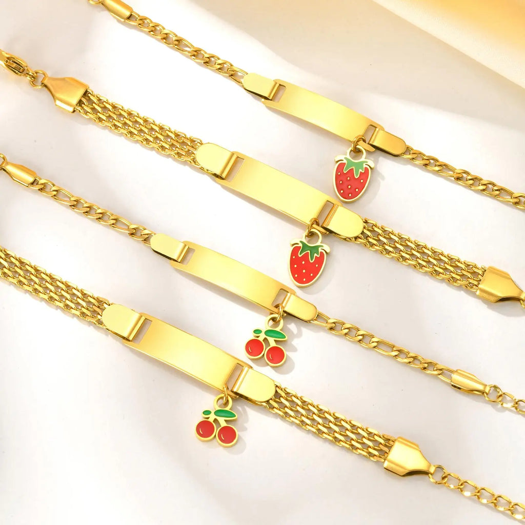 Personalized Children's Name Bracelet – Strawberry Cherry, Gold Personalized Kids Bracelet SPOT