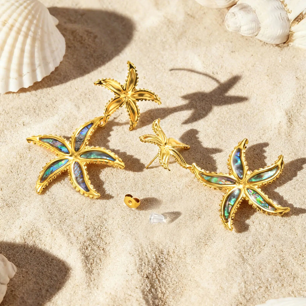 Double Starfish Abalone Shell Drop Earrings | Gold Dangle Drop Dangle Earrings SPOT