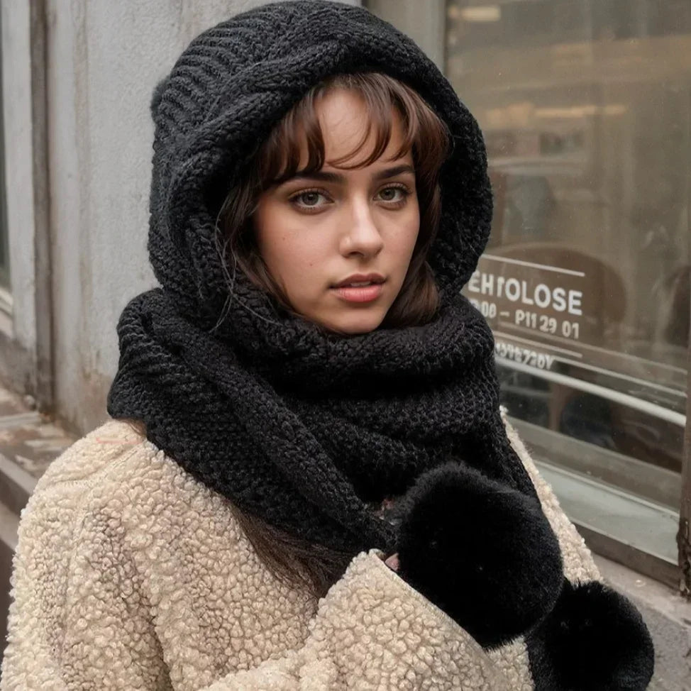 Women's Knit Beanie & Balaclava Hat Scarf Set | Winter Warm Winter Hat Scarf Set SPOT black