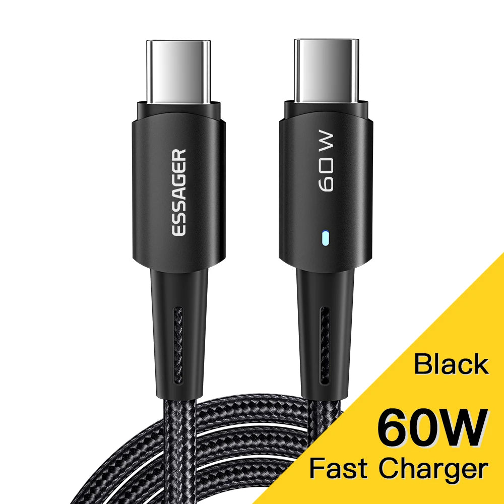Essager 240W USB-C Fast Charge Cable 6A Braided | 1m & 2m USB-C Charging Cable SPOT 60W Black 2m