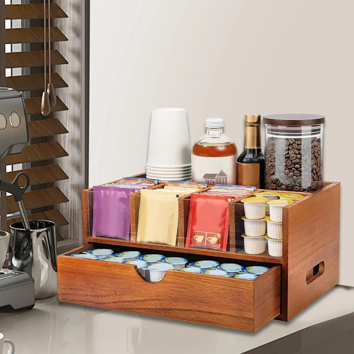Wood Coffee Bar Organizer with Drawer – 5-Compartment Rack Coffee Bar Organizer SPOT Default Title