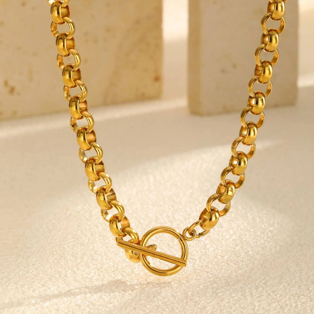 Chunky Stainless Steel Rolo Chain Choker Necklace – Gold, OT Toggle Chain Choker Necklace SPOT