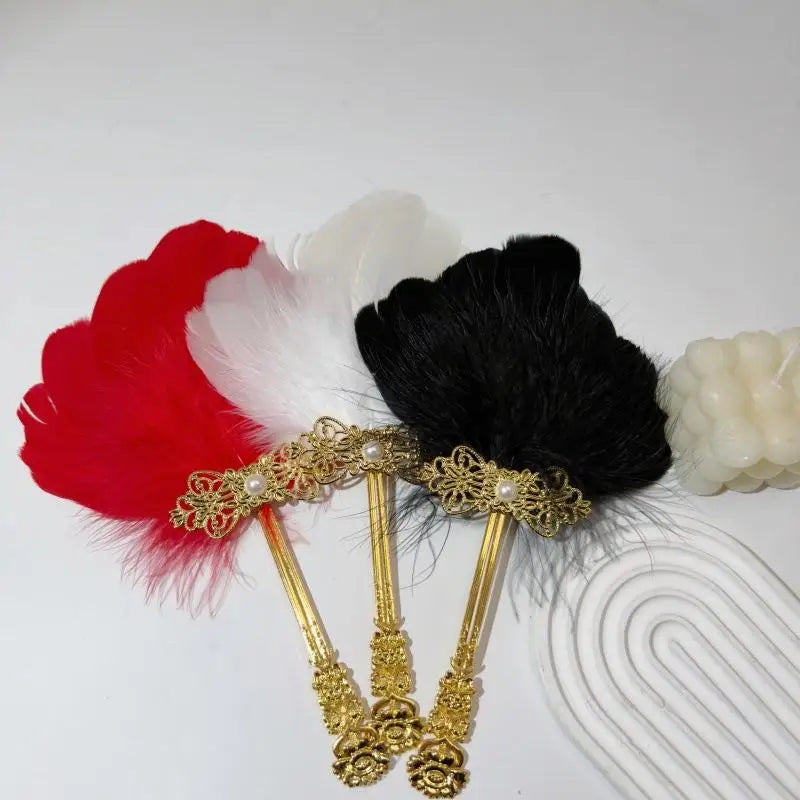 Vintage Fluffy Feather Fan Gold Handle – Stage, Party & Cosplay Decorative Feather Fan SPOT