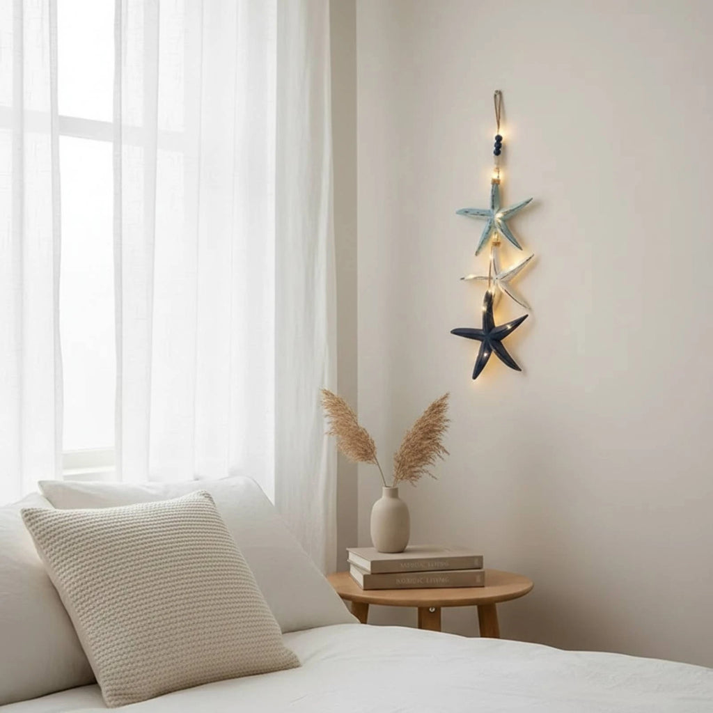 Wooden Sea Star Wall Hanger – Coastal Beaded Ornament, 59cm Coastal Wall Hanging SPOT