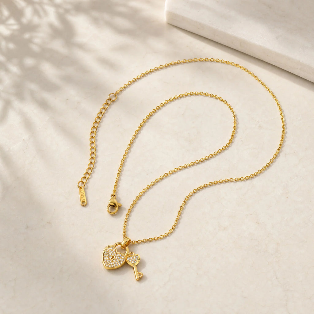 Heart Lock & Key Necklace – 18K Gold Plated CZ Pendant for Women Pendant Necklace SPOT