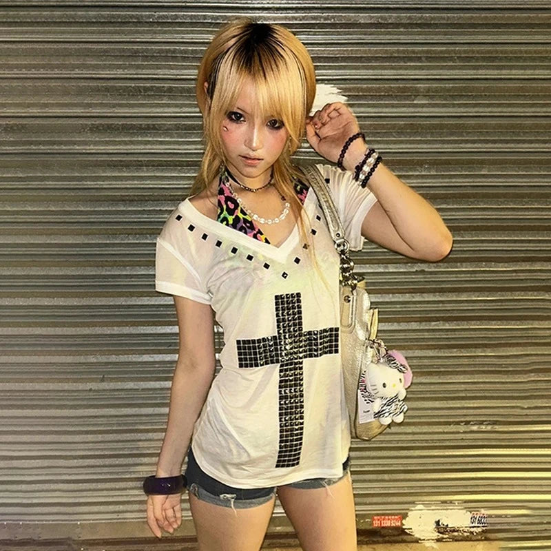 Y2K Metal Cross Print Sheer T-Shirt | Harajuku V-Neck Top Streetwear T-Shirt SPOT