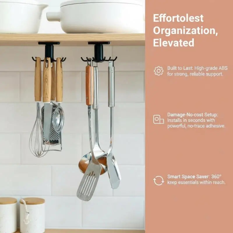 Under Cabinet 360° Rotating Kitchen Utensil Hook – 6 Hooks Cabinet Utensil Hook SPOT
