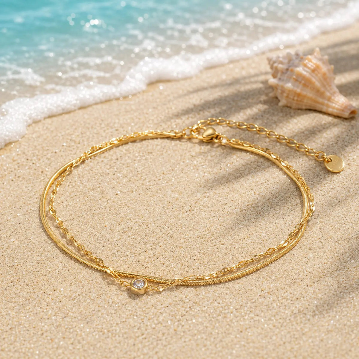 18K Gold CZ Snake Chain Anklet – Waterproof Double Layer Fashion Anklet SPOT