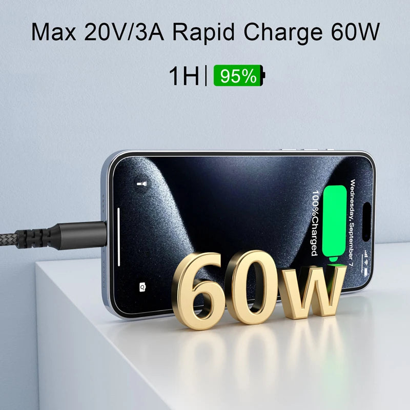 60W PD USB-C Braided Fast Charging Cable 1M 2M 3M | Type-C USB-C Charging Cable SPOT