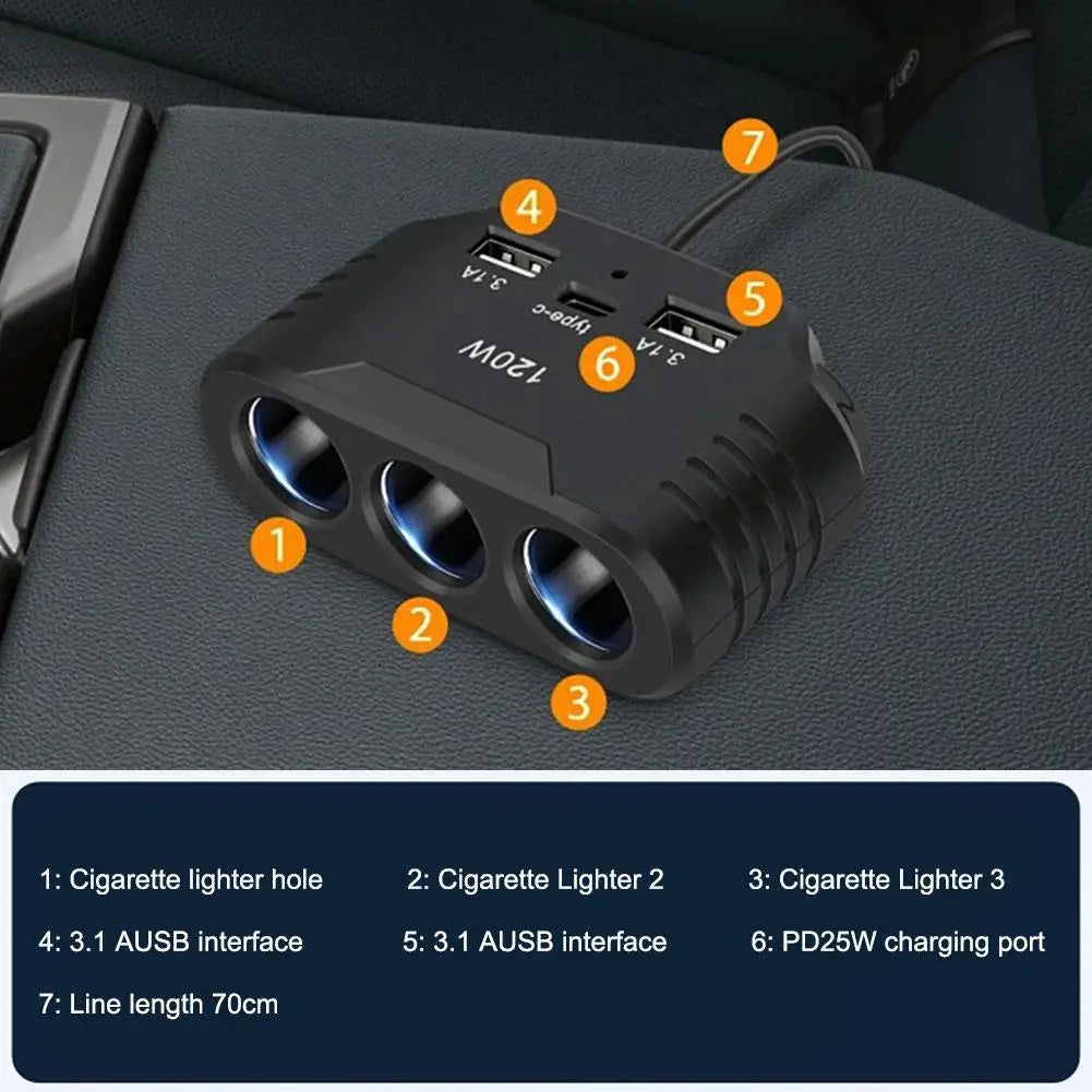 3-in-1 Car Cigarette Lighter Splitter – Dual USB 120W Adapter Car Power Adapter SPOT
