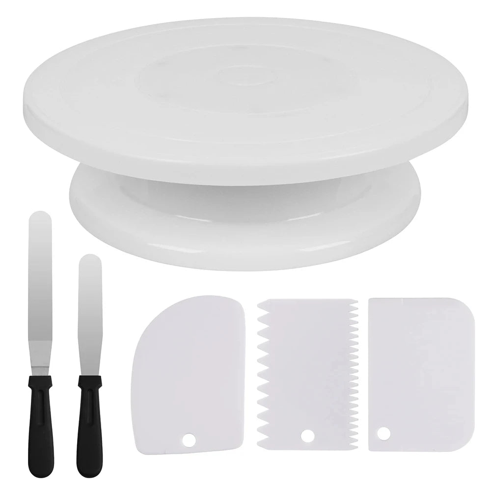Cake Turntable Set with Spatulas & Icing Scrapers | Baking Kit Cake Decorating Kit SPOT 6pcs white