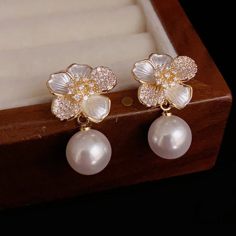 Sweet Flower Enamel Pearl Stud Earrings for Women & Girls Fashion Stud Earrings SPOT