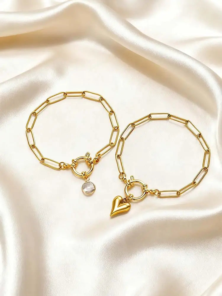 18K Gold Plated Paperclip Bracelet – Zircon Heart Charm Women Chain Link Bracelet SPOT