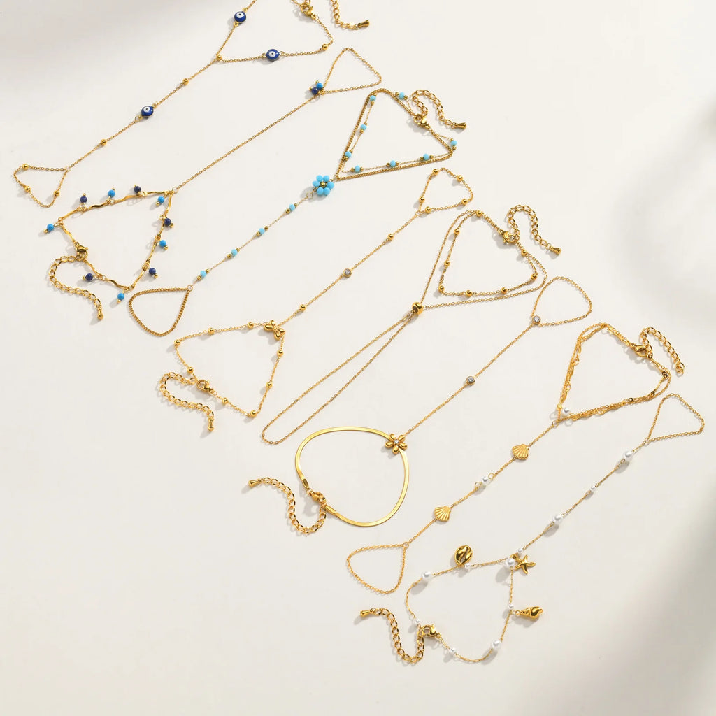 Layered Hand Chain Ring Bracelet – Lapis Lazuli & Turquoise Gold Chain Link Bracelet SPOT