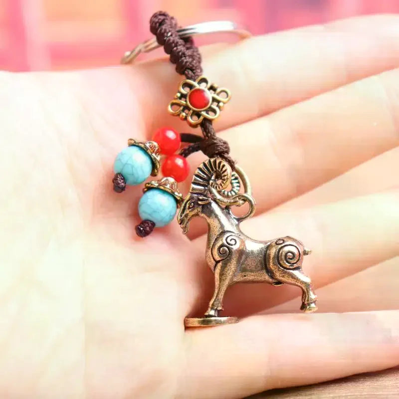Brass Chinese Zodiac Goat Keychain – Antique Copper Pendant Keychain Pendant SPOT