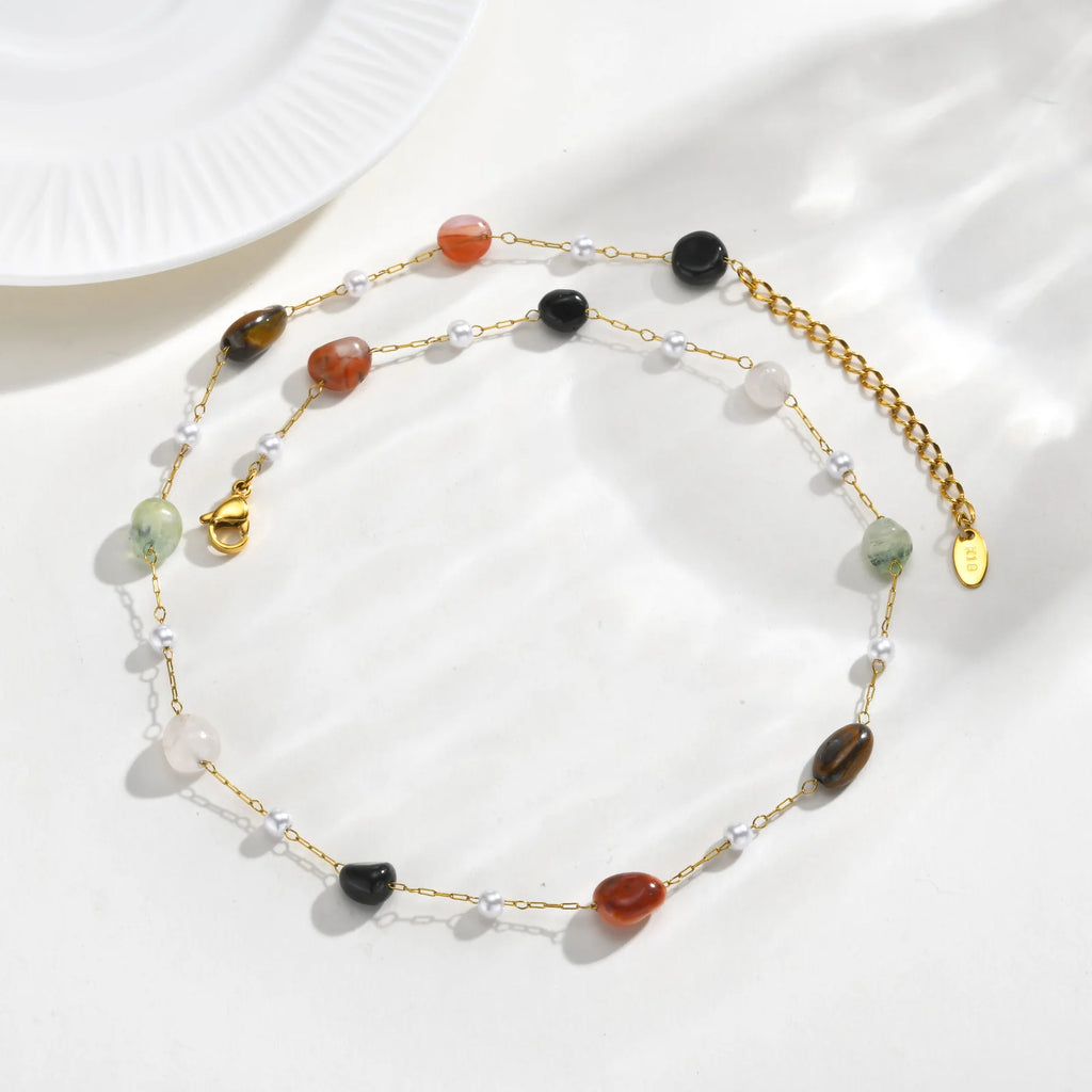 Natural Stone Beaded Station Necklace – Stainless Steel Chain Beaded Stone Necklace SPOT