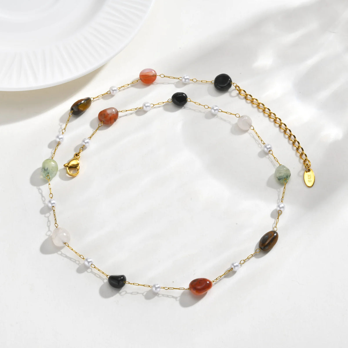 Natural Stone Beaded Station Necklace – Stainless Steel Chain Beaded Stone Necklace SPOT