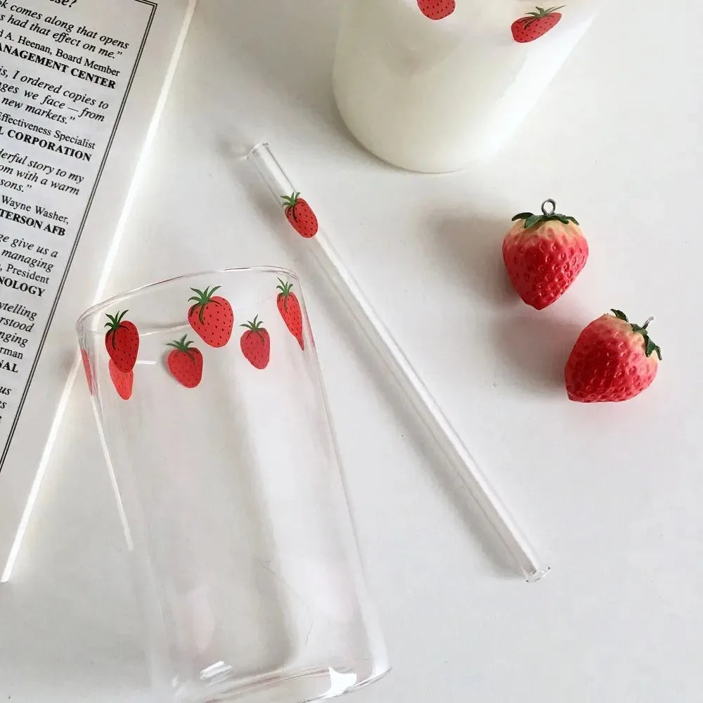 Strawberry Cute Glass Cup 300ml – Heat Resistant with Straw Glass Cup SPOT