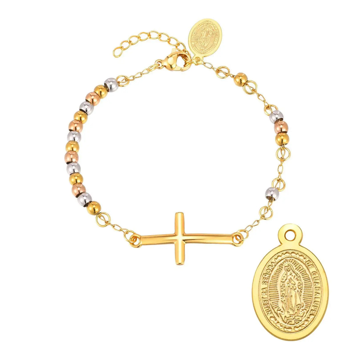 Virgin Mary Cross Bracelet – Triple Tone Rosary Bead for Women Religious Bracelet SPOT BR-2584G01