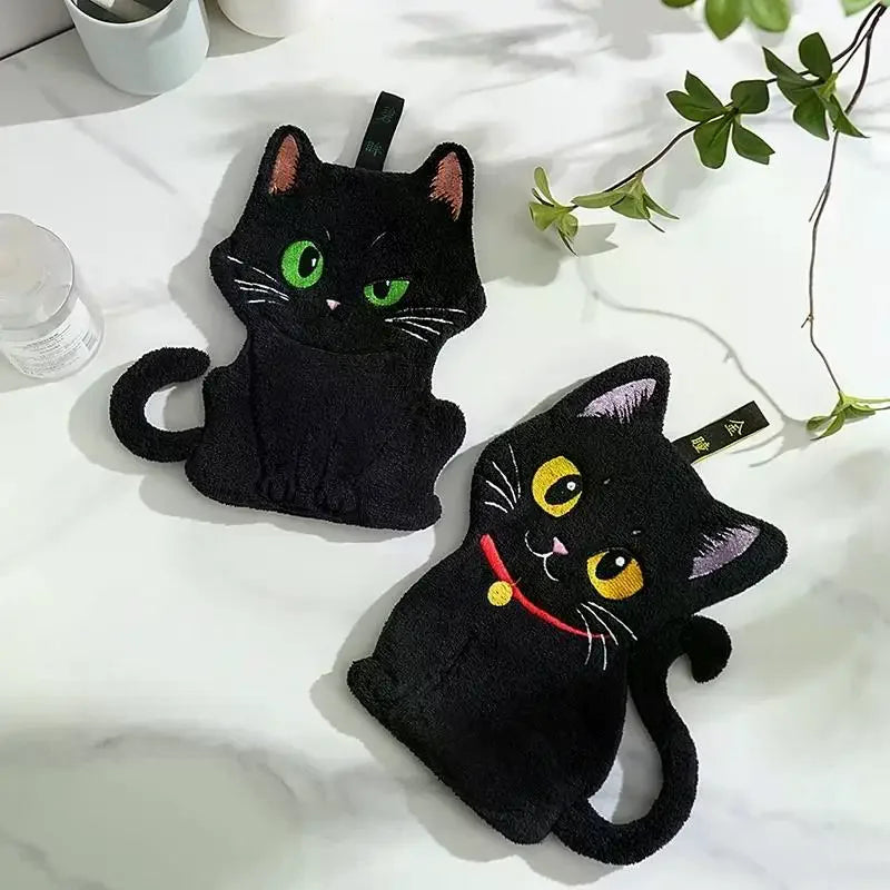 Cartoon Black Cat Hand Towel – Soft Absorbent Coral Fleece Novelty Hand Towel SPOT