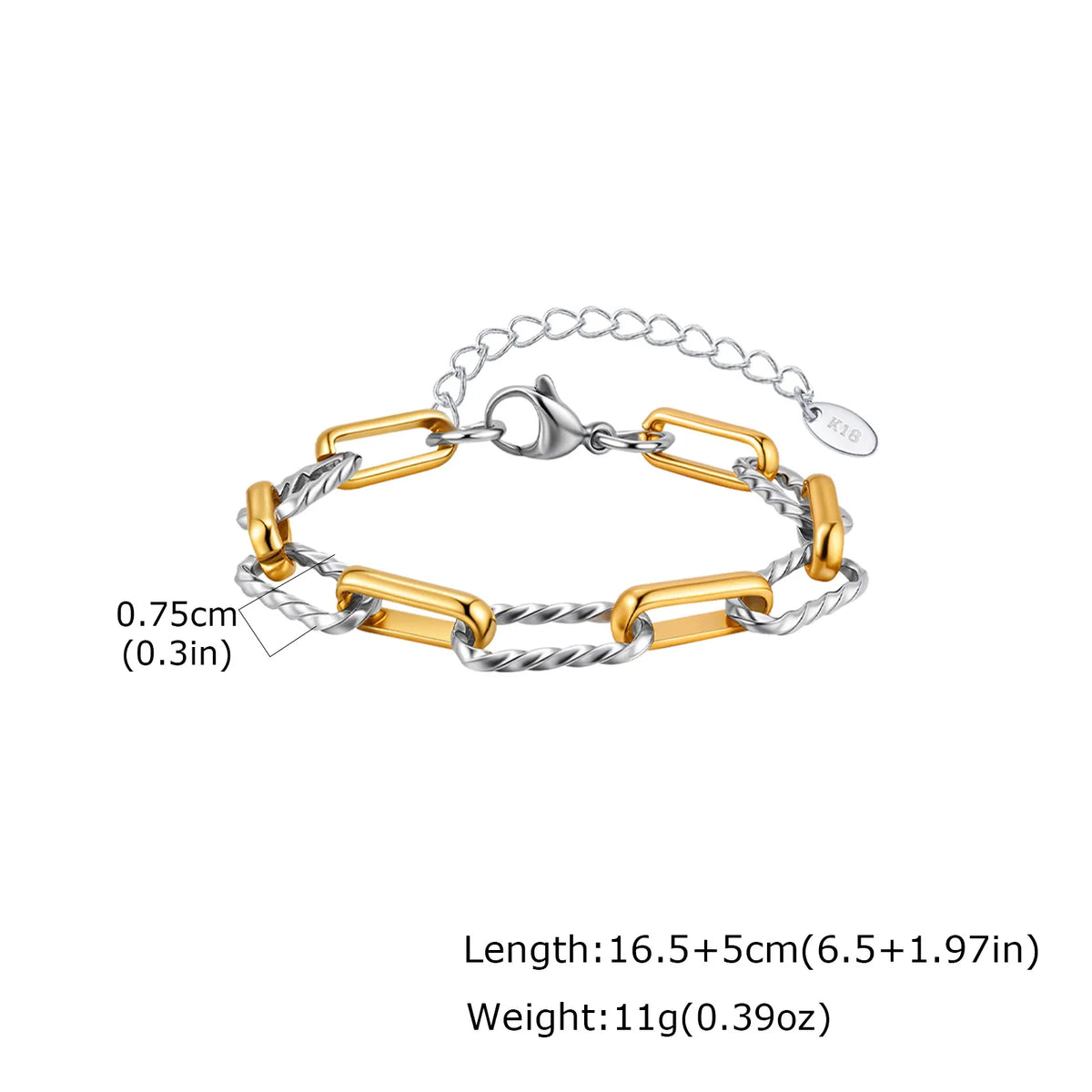 Two-Tone Paperclip Bracelet – 18K Gold Stainless Steel Adjustable Chain Link Bracelet SPOT BR-1705GS