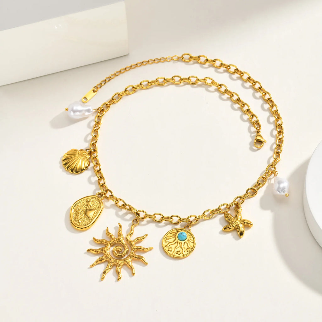 18K Gold Sun Pendant Necklace – Baroque Pearl, Waterproof Steel Pendant Necklace SPOT