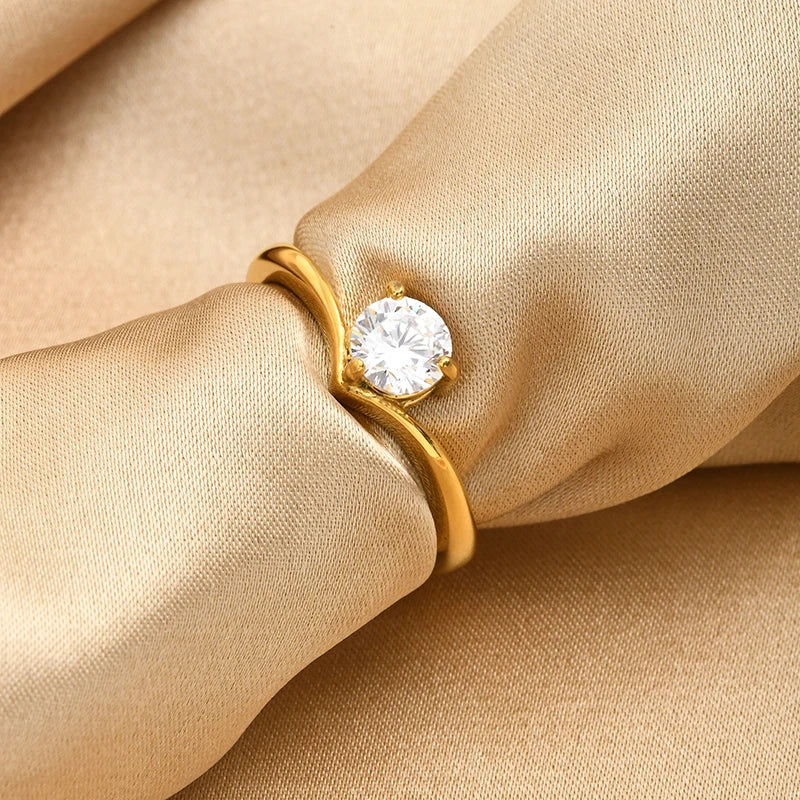 Chevron Solitaire Ring – 18K Gold Plated CZ V Band for Women Fashion Ring SPOT