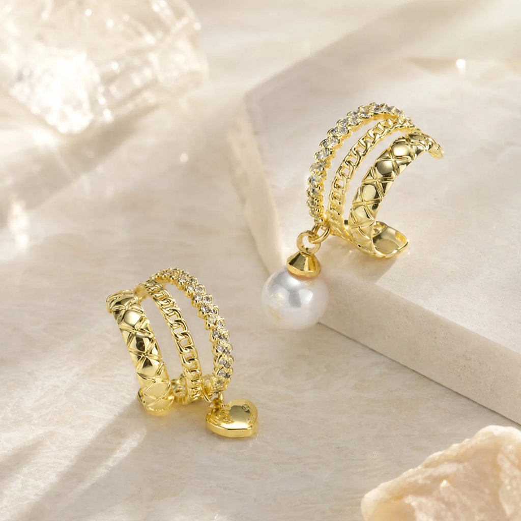 14K Gold Non-Pierced Ear Cuff – Cuban Link CZ Faux Pearl Clip Clip-On Ear Cuff SPOT