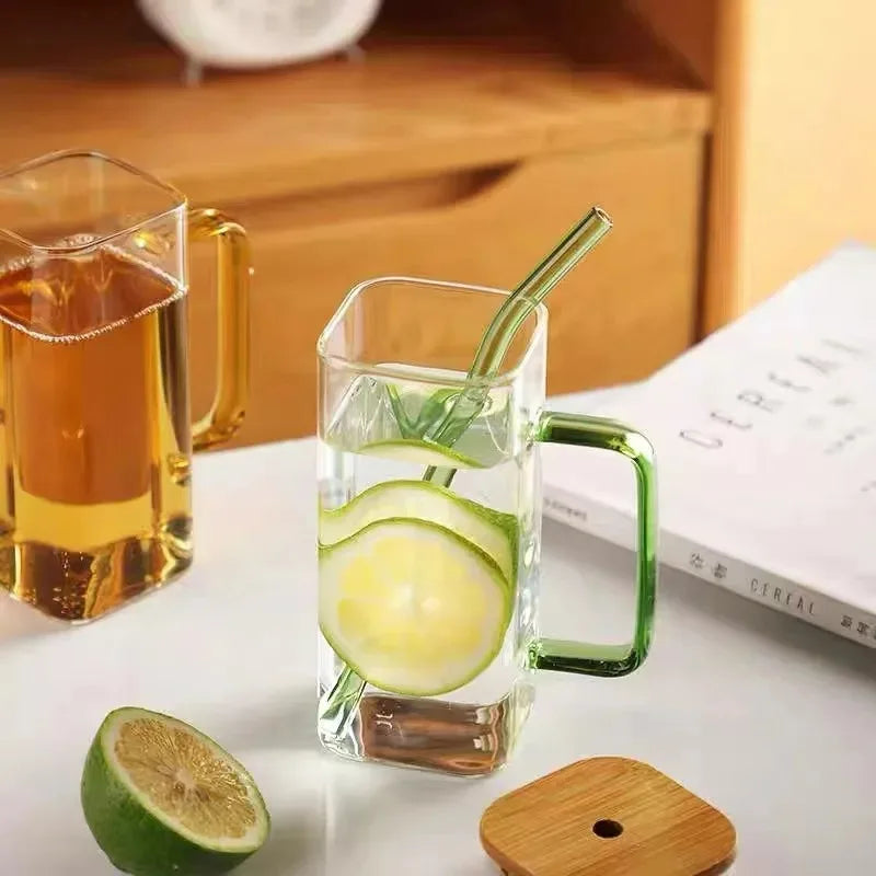 400ml Square Glass Mug with Lid & Straw – Microwave Safe Glass Mug SPOT