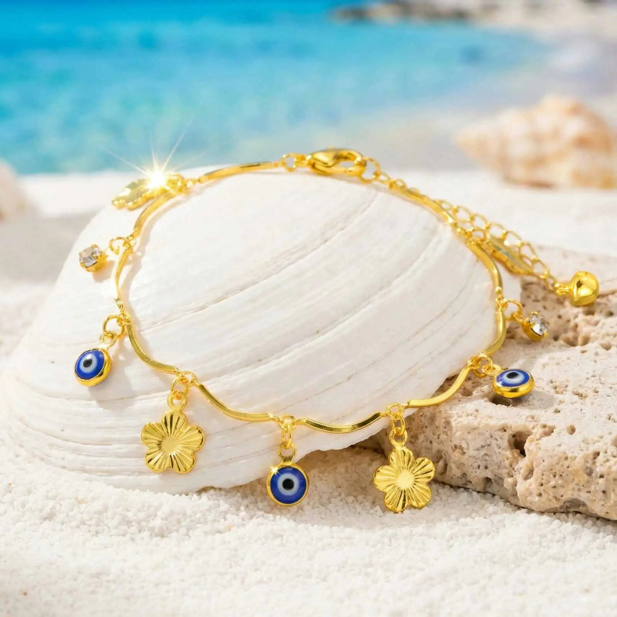 Bohemian Evil Eye Anklet – Gold Copper Flower Leaf Charm Fashion Anklet SPOT