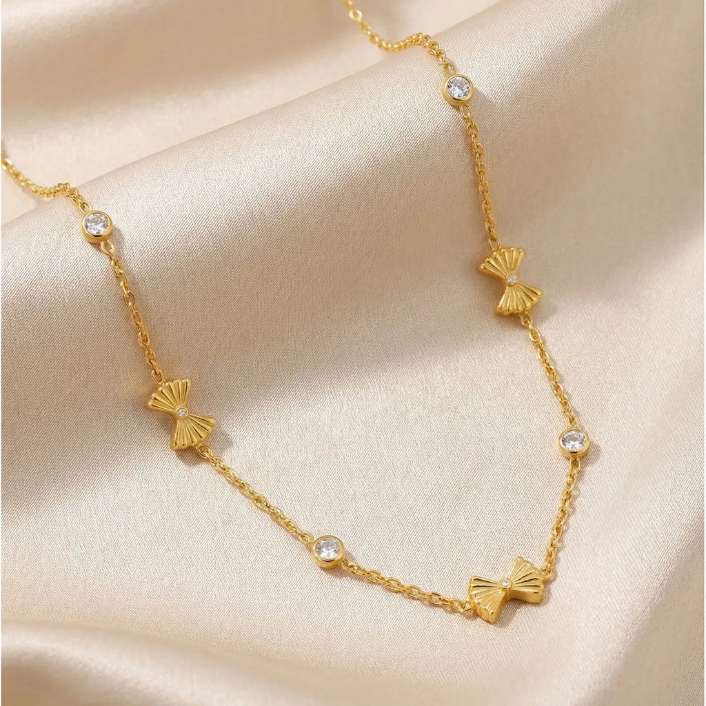 Bowknot Zircon Necklace 18K Gold Plated Stainless Steel Women Pendant Necklace SPOT