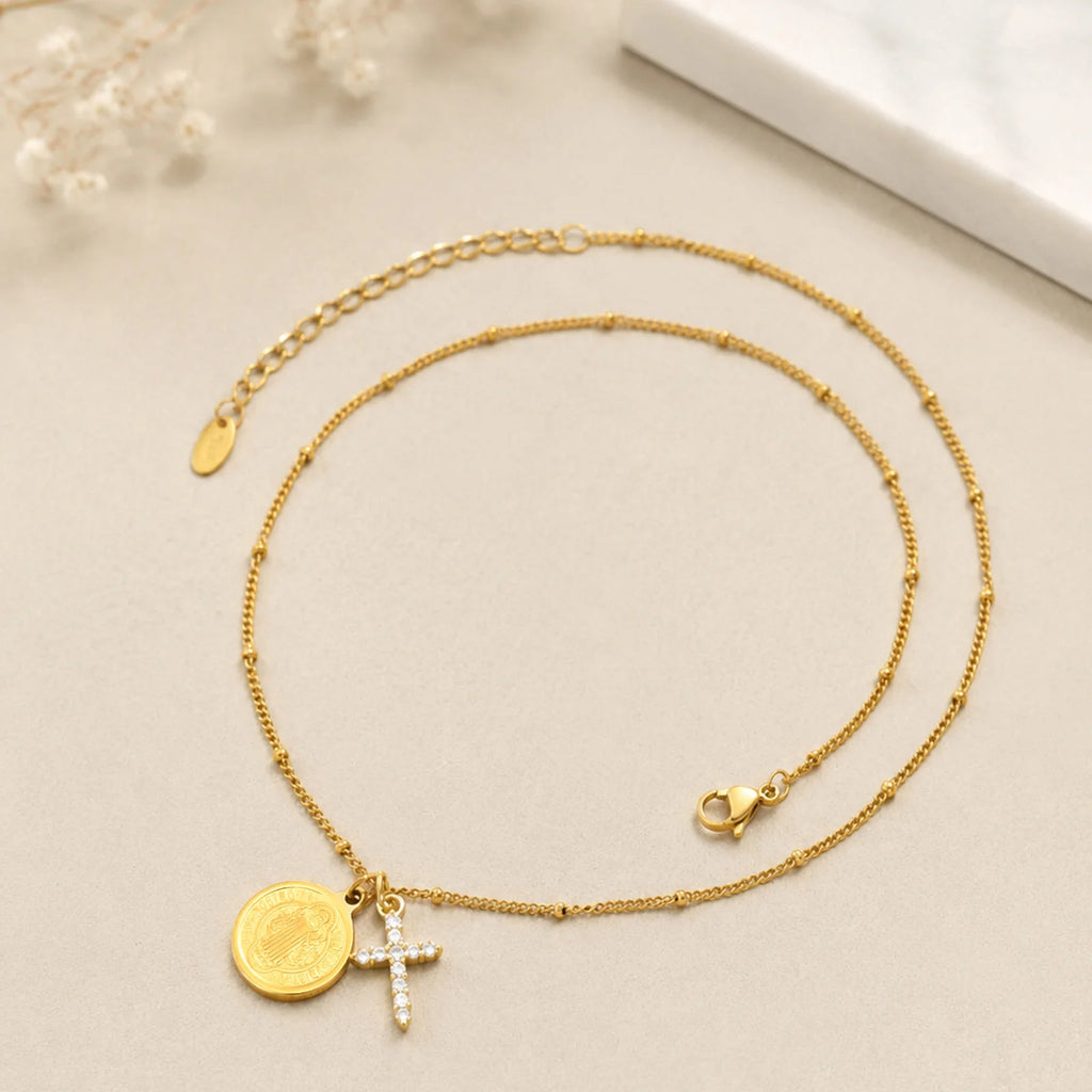 St Benedict Medal Cross Necklace – 18K Gold Stainless Steel Religious Pendant Necklace SPOT