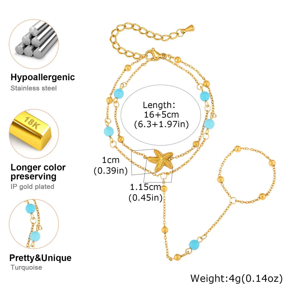Starfish Hand Chain Bracelet – Turquoise Beads & Finger Ring Hand Chain Bracelet SPOT