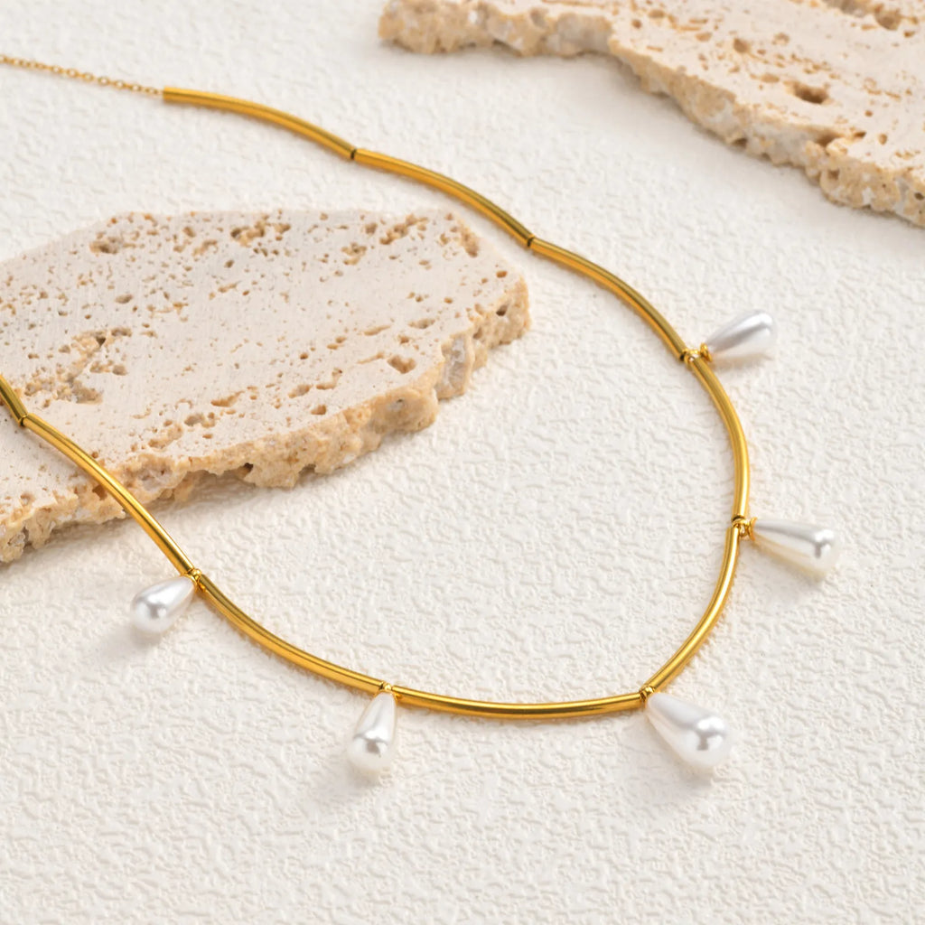 Teardrop Pearl Tube Chain Necklace – Gold Stainless Steel Pearl Chain Necklace SPOT