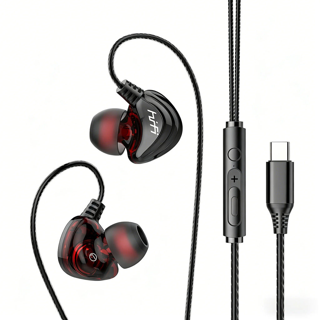 HIFI Bass Wired In-Ear Earphones – 3.5mm & Type-C Dual Driver Wired In-Ear Earphones SPOT Black