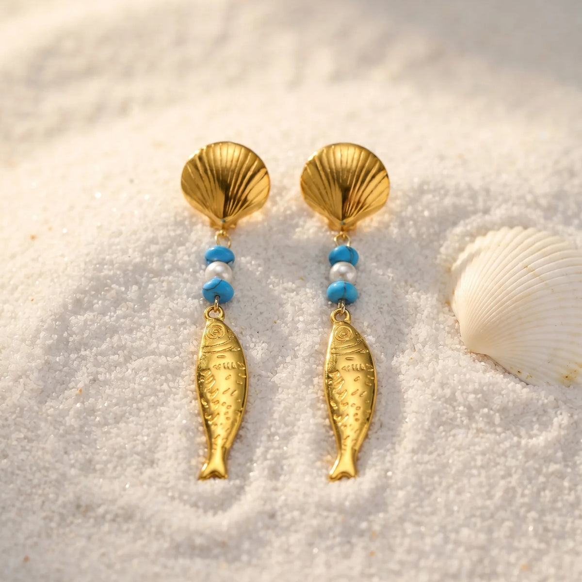 Gold Fish Drop Earrings – Turquoise Pearl Shell | Waterproof Drop Earrings SPOT