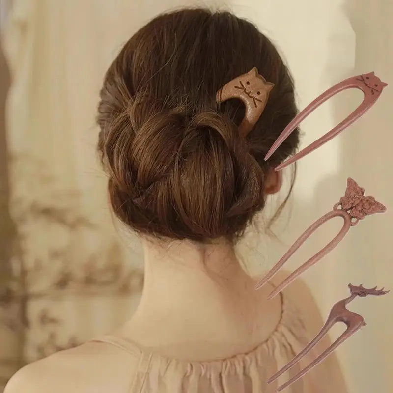 Wooden U-Shape Hair Stick Fork – Cat & Butterfly Chinese Style Wooden Hair Stick SPOT