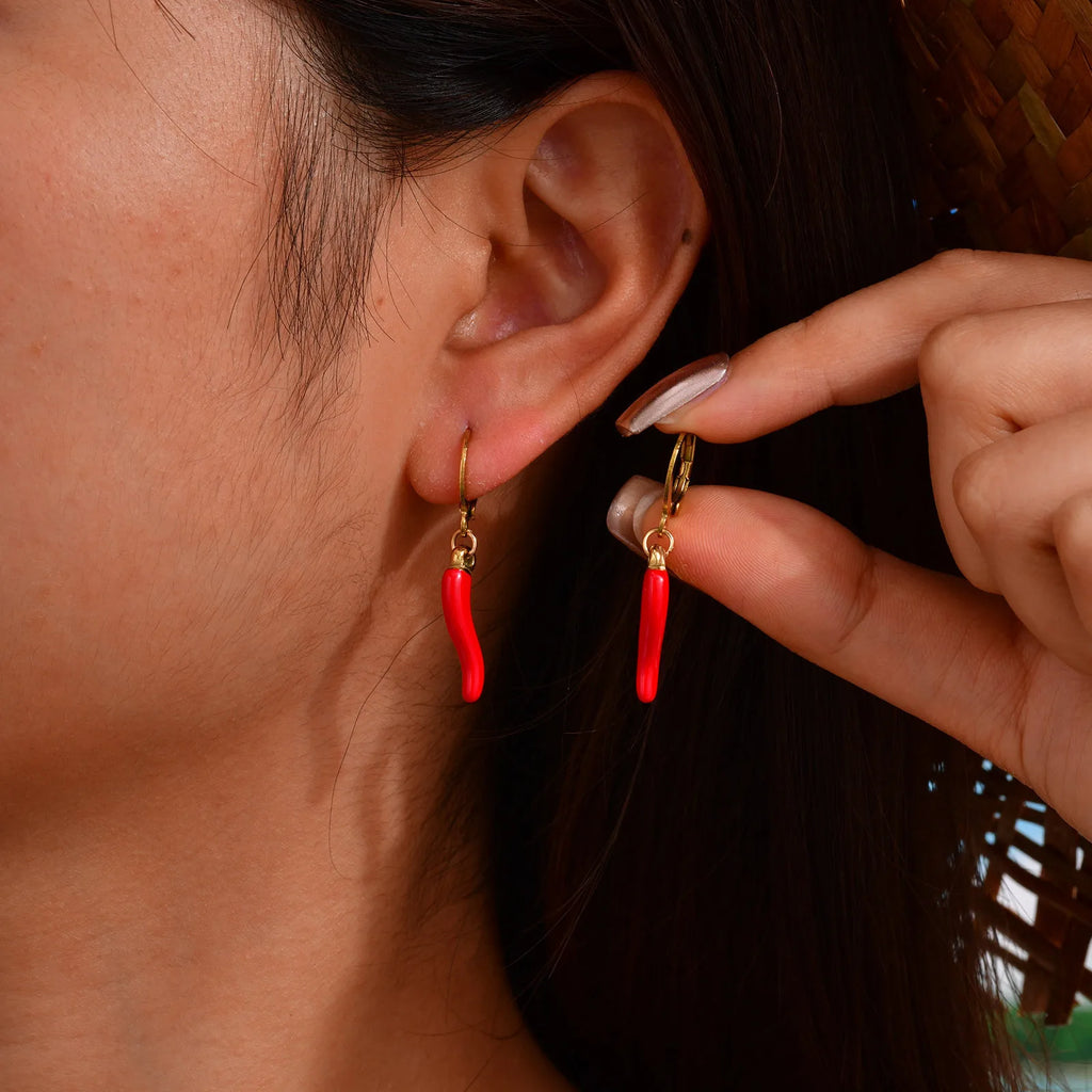 Red Chili Pepper Enamel Drop Earrings – Gold Stainless Steel Drop Dangle Earrings SPOT