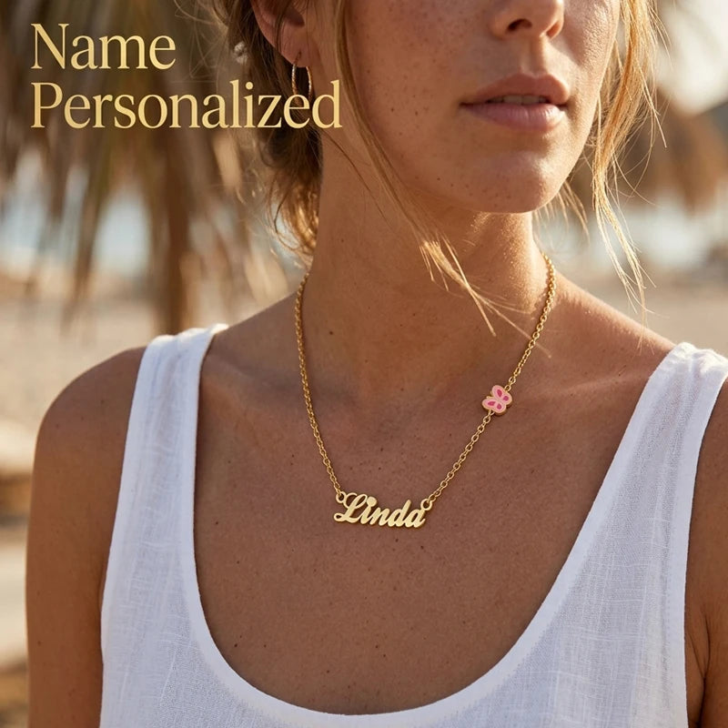 Custom Butterfly Name Necklace – Gold Plated & Pink Enamel Custom Name Necklace SPOT