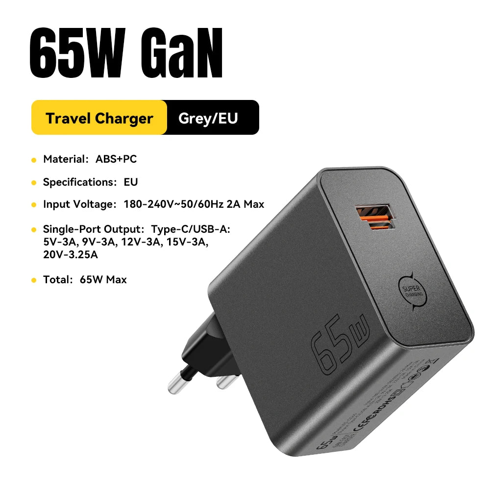 ESSAGER 65W GaN Fast Charger – 2-in-1 USB-C & USB-A GaN Fast Charger SPOT 65W EU Plug Gray