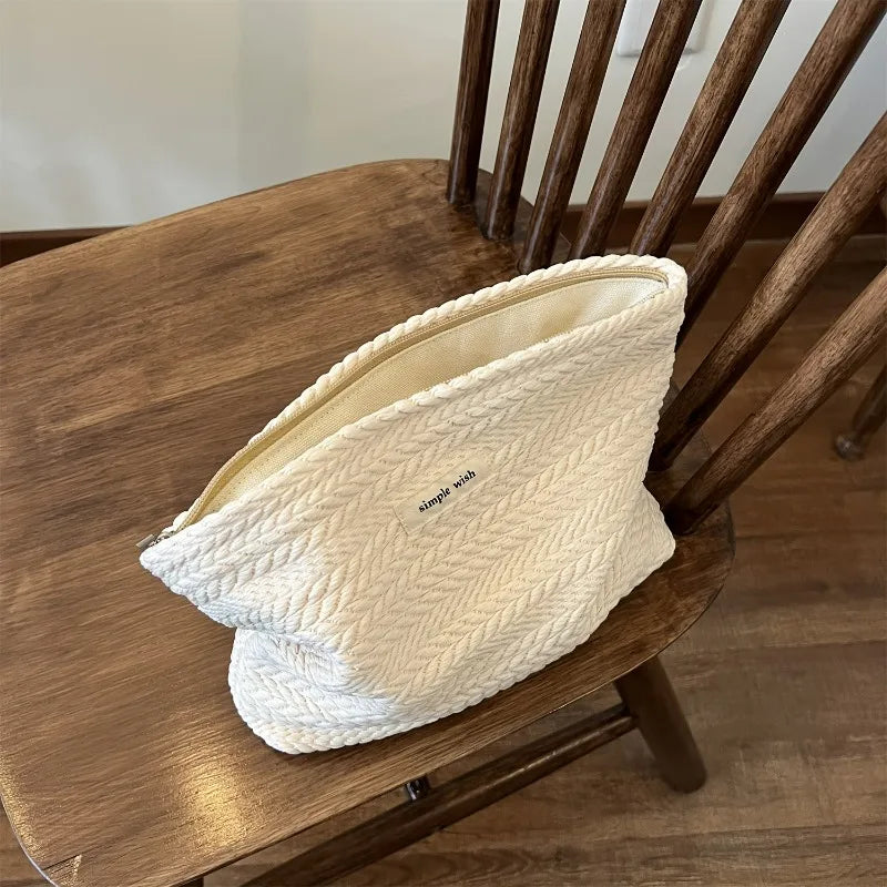 Woven Cosmetic Bag – Rice Grain Pattern Zipper Makeup Pouch Cosmetic Travel Bag SPOT Beige