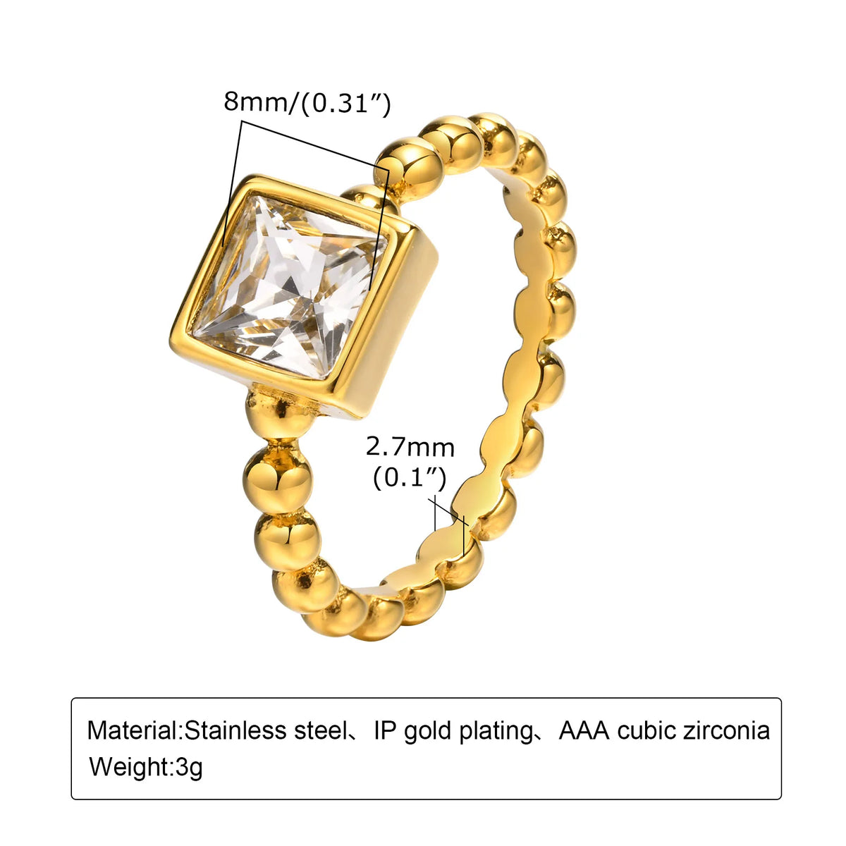 Bezel Set CZ Beaded Chain Ring – 18K Gold Stainless Steel Fashion Ring SPOT
